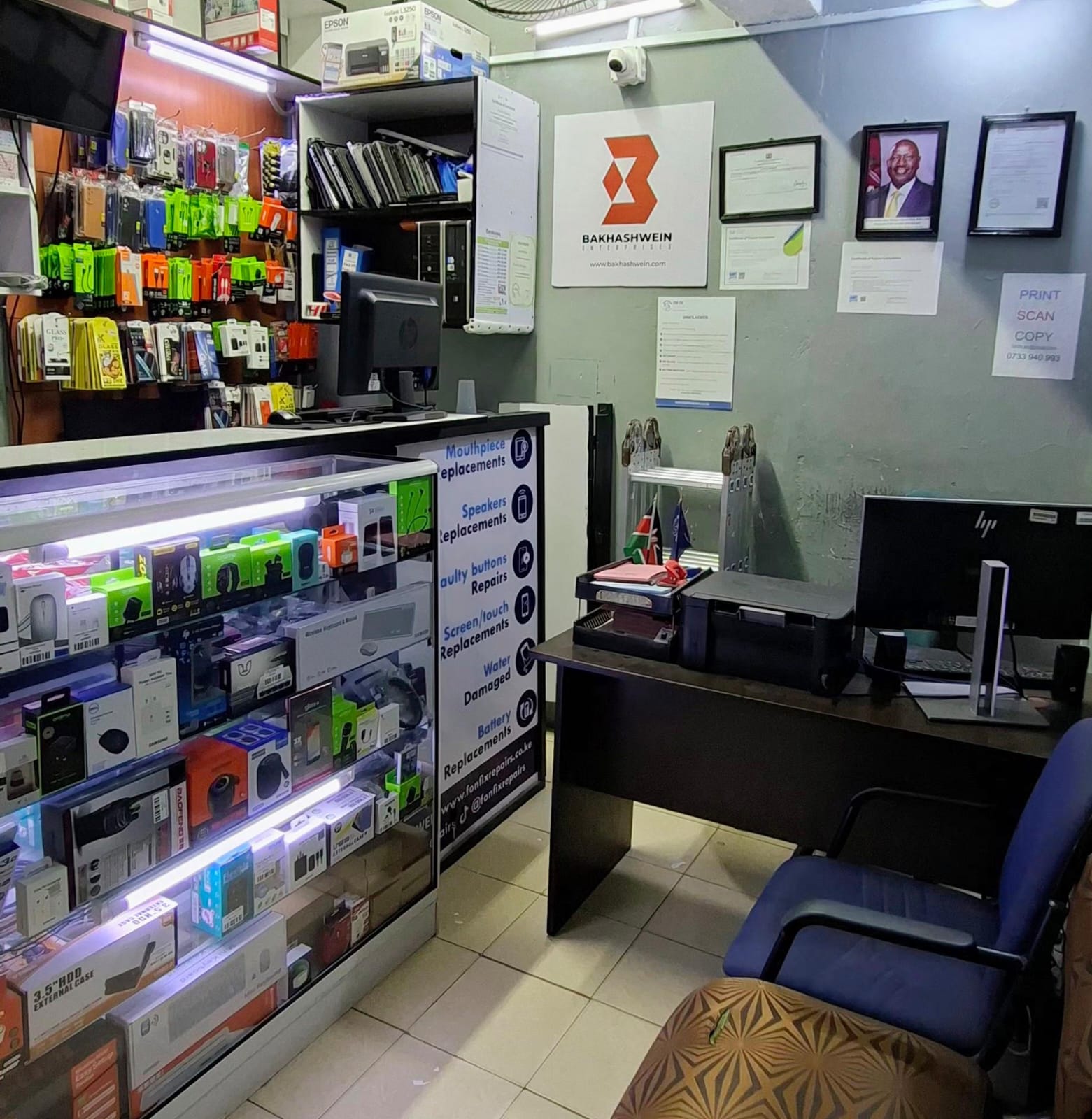 Fon-Fix Repairs shop counter in Mombasa